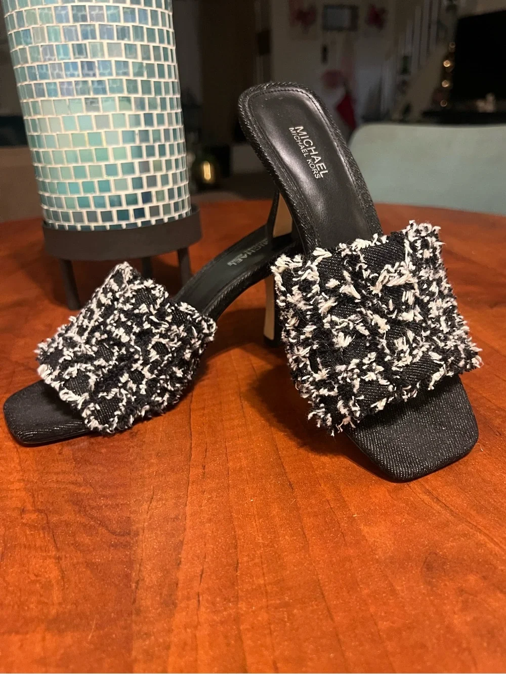 Michael Kors Black and White Tweed Slide Mules